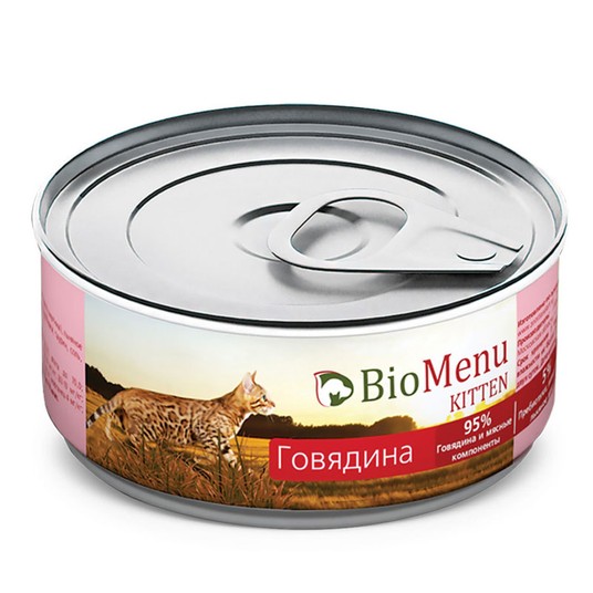 BioMenu KITTEN Консервы д/КОТЯТ мясной паштет с Говядиной 95%-МЯСО 100гр*24