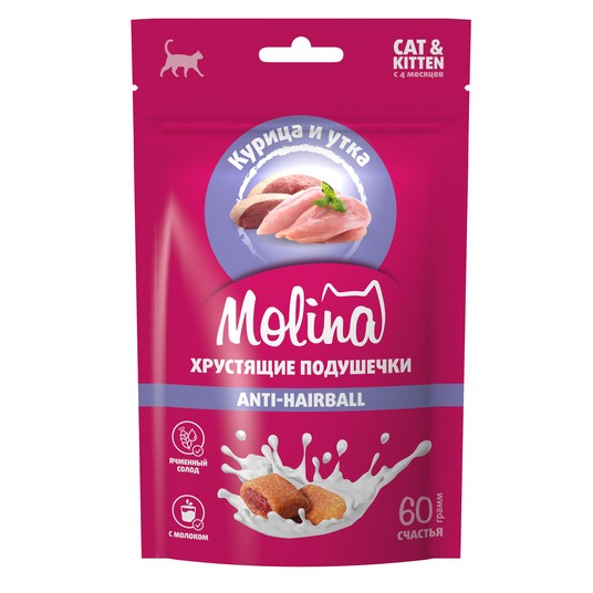 Лакомство для кошек и котят "Хрустящие подушечки с начинкой из курицы и утки", ANTI-HAIRBALL, 60г