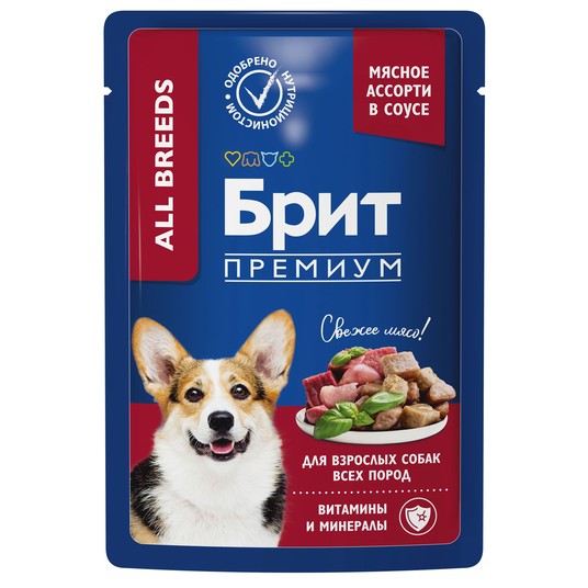 BRIT PREMIUM, Пауч для взрослых собак всех пород, Мясное ассорти в соусе, 85г