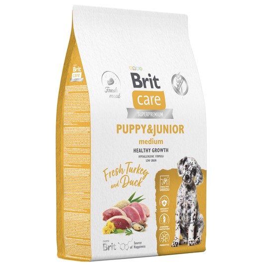 BRIT CARE, Сухой корм с инд и уткой д/щенк.ср.пор."Dog Puppy&Junior M Healthy Growth", 12кг