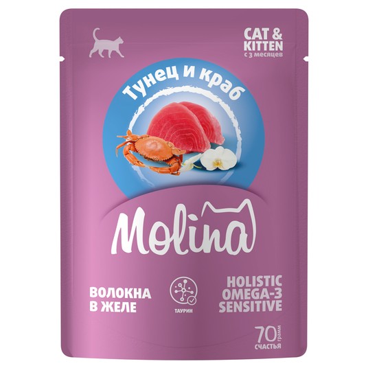 SUPERPREMIUM Пауч с Тунцом и Крабом для котят и кошек, волокна в желе, 70г