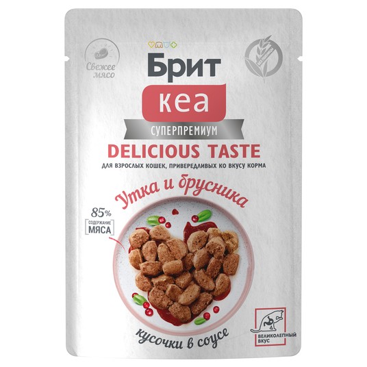 Пауч с Уткой и Брусникой д/взр. кошек, приверед. ко вкусу корма, кус. в соусе, 85г