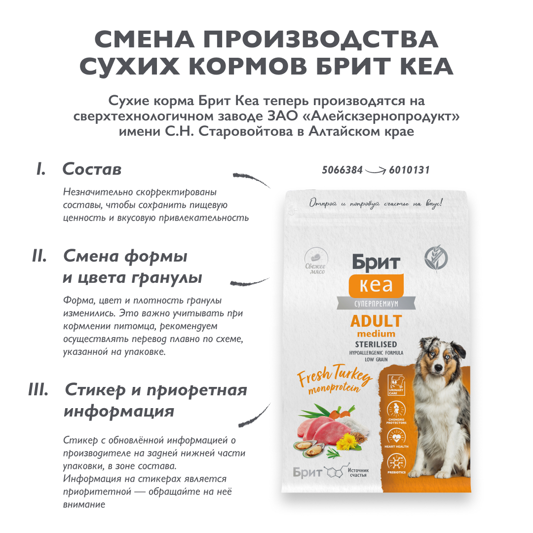 Сухой корм DOG ADULT MEDIUM STERILISED. MONOPROTEIN с индейкой д/стер. соб, 3 кг 2