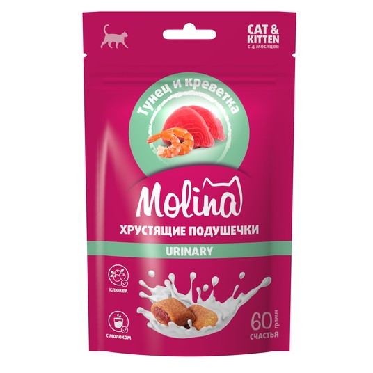 Лакомство для кошек и котят "Хрустящие подушечки с начинкой из тунца и креветок", URINARY, 60г
