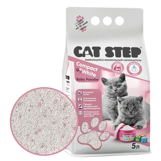 Наполнитель для котят комкующийся минеральный Compact White Baby Powder, 5 л