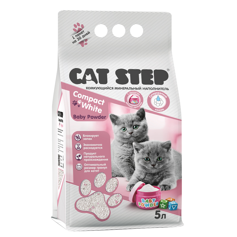 Наполнитель для котят комкующийся минеральный Compact White Baby Powder, 5 л 2
