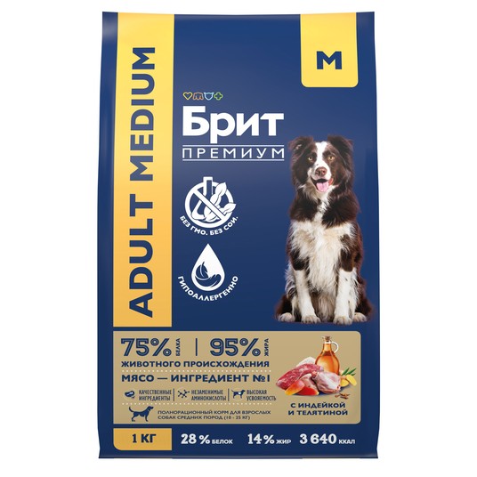 BRIT PREMIUM, Сухой корм с индейкой и телятиной для собак "Dog Adult Medium",1 кг