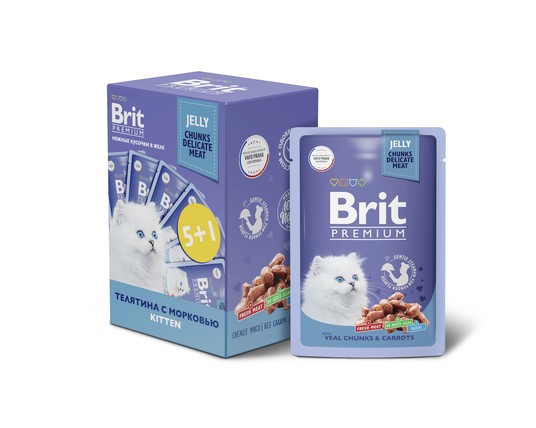 BRIT PREMIUM, Набор паучей для котят, Телятина и морковь в желе, 5+1, 85г